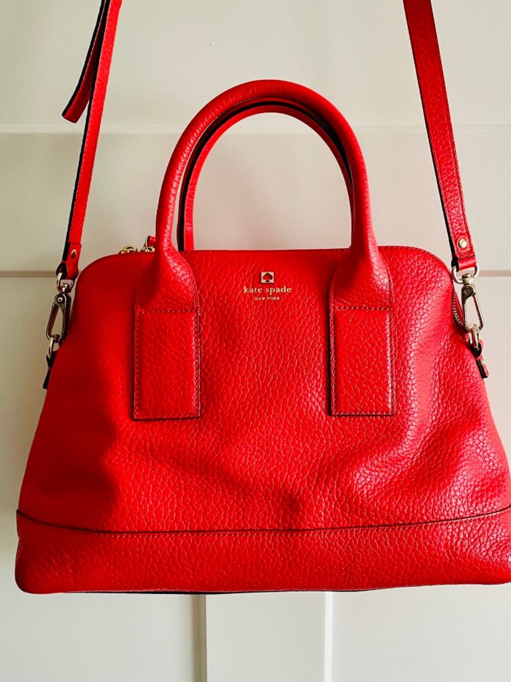 Large Fire Engine Red Leather Kate Spade Crossbody Satchel Handbag
